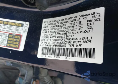 2015 Honda Cr-V Ex-L from USA, damaged, VIN 2HKRM4H78FH630560